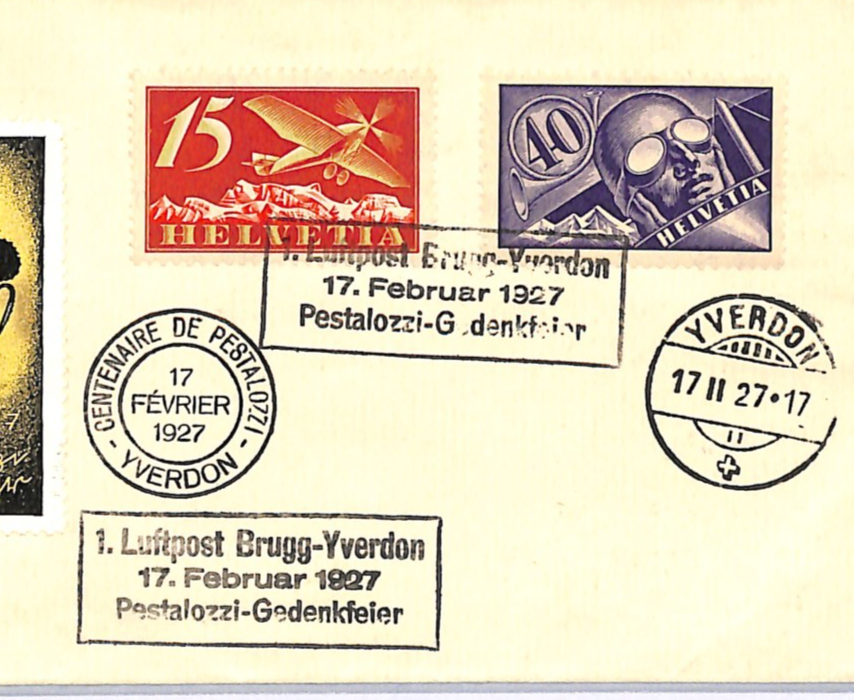 SWITZERLAND Air Mail Cover 1927 FIRST FLIGHT Brugg-Yverdon Pestalozzi WQ117