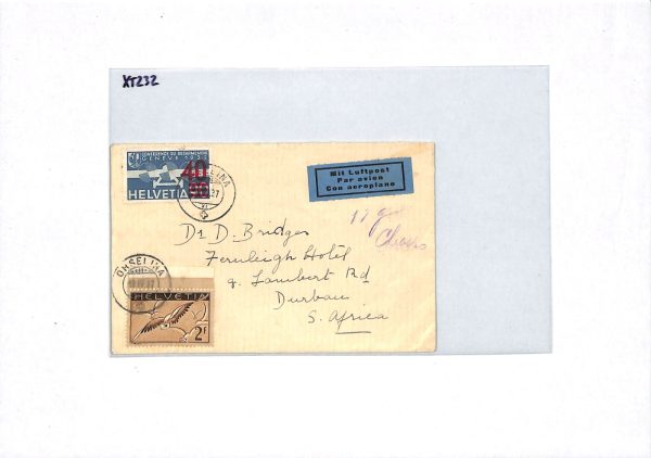 SWITZERLAND Air Mail Cover Orselina Surcharge SOUTH AFRICA Durban 1937 XT232 - Image 4