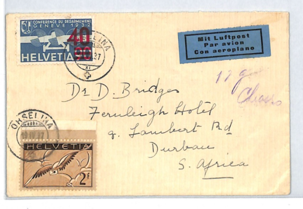 SWITZERLAND Air Mail Cover Orselina Surcharge SOUTH AFRICA Durban 1937 XT232