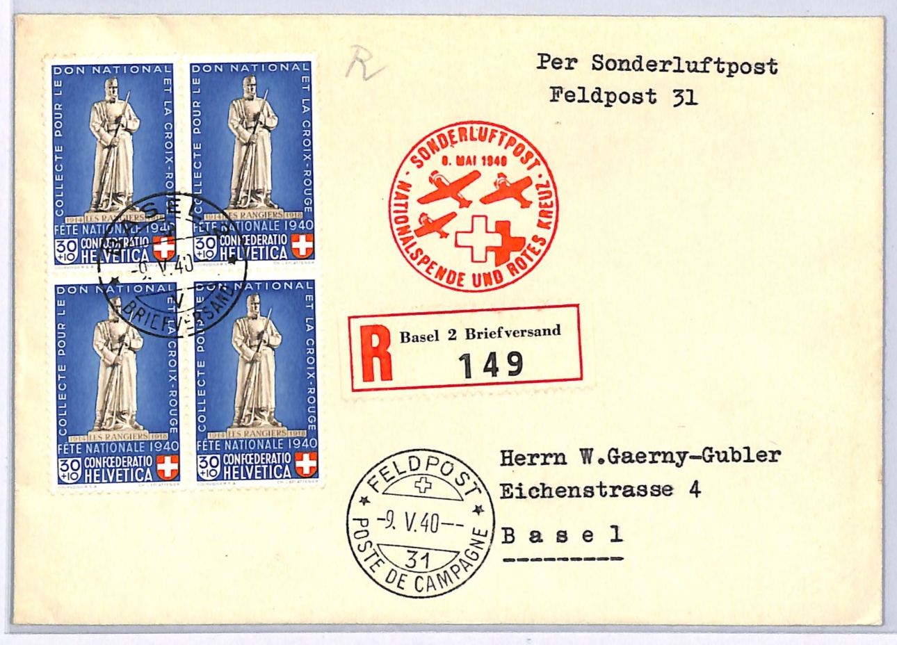 SWITZERLAND Air Mail Cover RED CROSS FUND SPECIAL FLIGHT Basel WW2 1940 WQ166 - Image 3