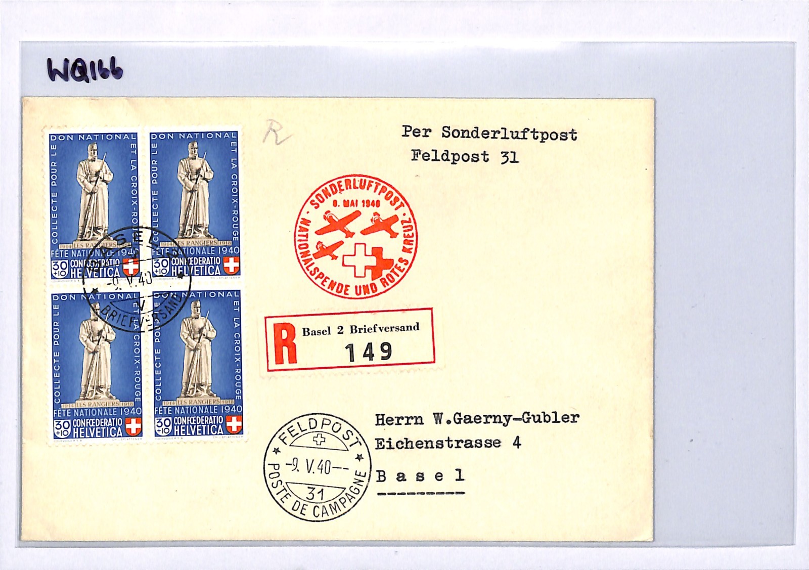 SWITZERLAND Air Mail Cover RED CROSS FUND SPECIAL FLIGHT Basel WW2 1940 WQ166 - Image 5