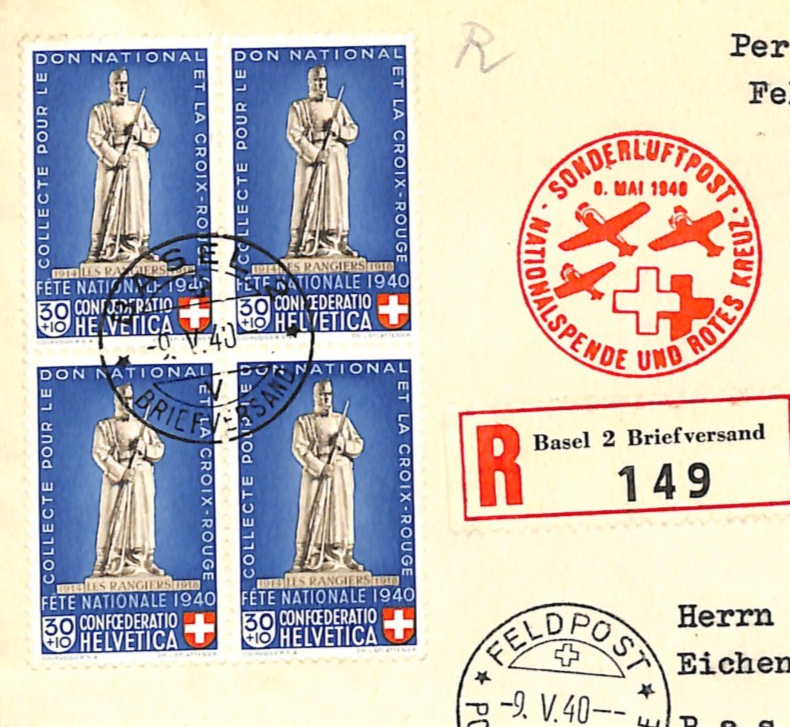 SWITZERLAND Air Mail Cover RED CROSS FUND SPECIAL FLIGHT Basel WW2 1940 WQ166