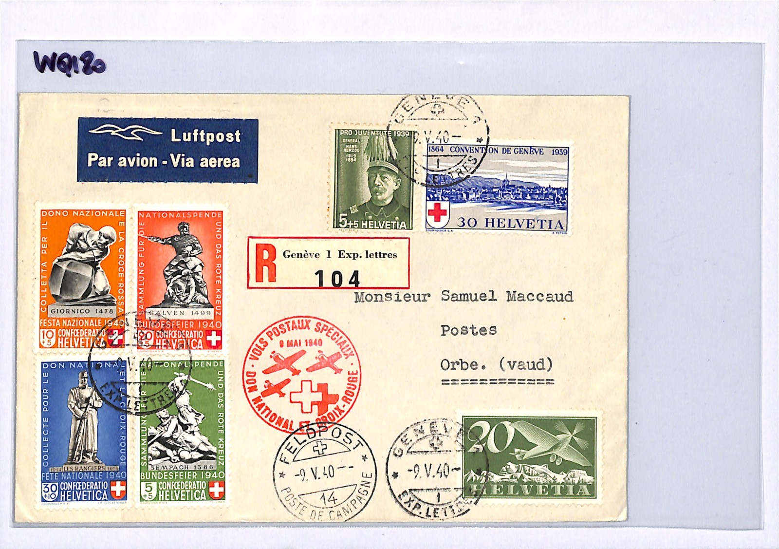 SWITZERLAND Air Mail Cover RED CROSS FUND SPECIAL FLIGHT Geneva Orbs 1940 WQ180 - Image 4