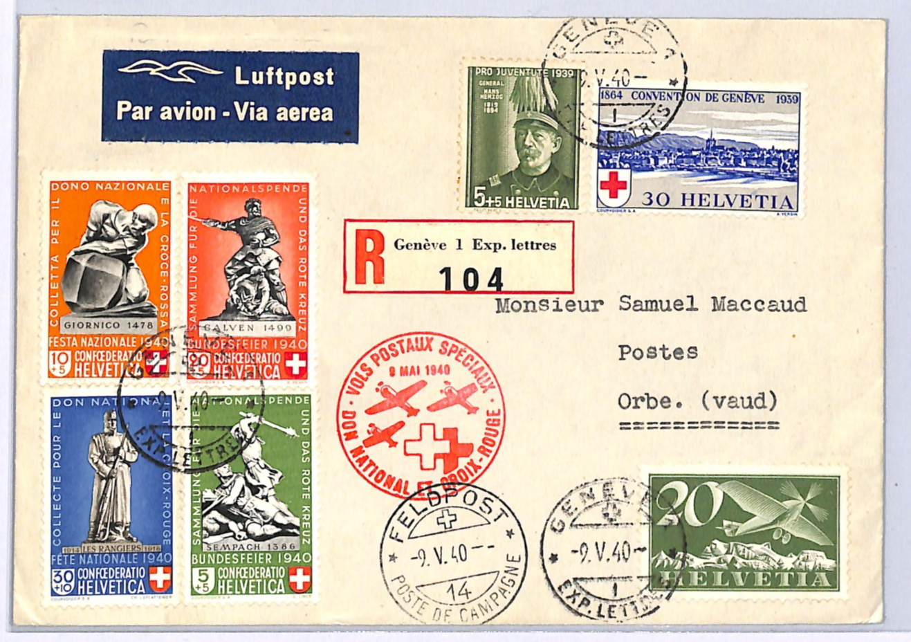 SWITZERLAND Air Mail Cover RED CROSS FUND SPECIAL FLIGHT Geneva Orbs 1940 WQ180