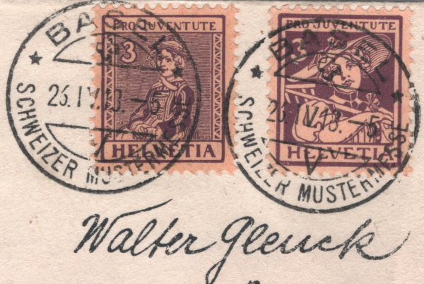 SWITZERLAND Cover EARLY *PRO JUVENTUTE* 3c Stamps{2} 1918 MUSTERMESSE CDS XT228