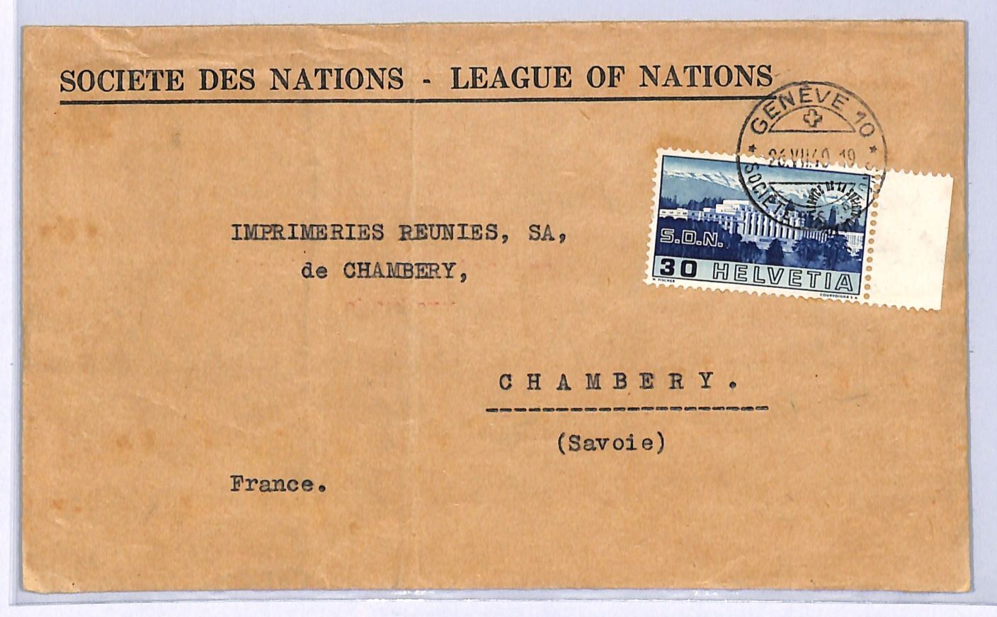SWITZERLAND Cover LEAGUE OF NATIONS 1940 Geneva France Chambery{samwells}WO178 - Image 3