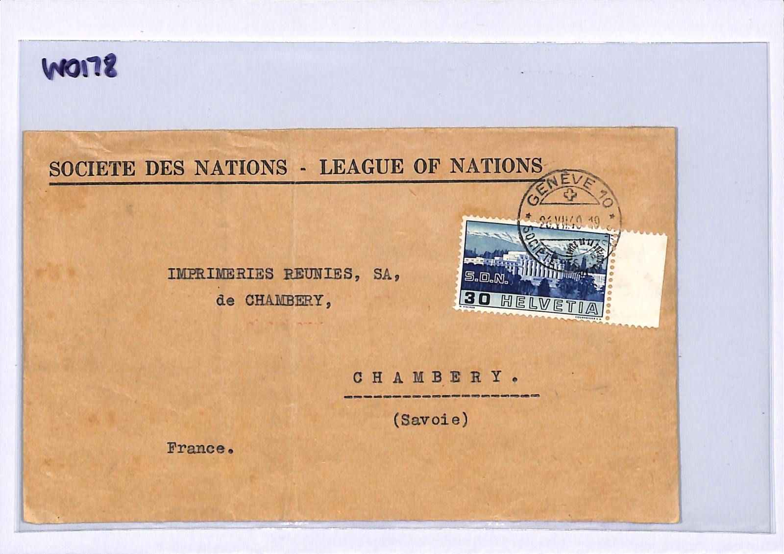 SWITZERLAND Cover LEAGUE OF NATIONS 1940 Geneva France Chambery{samwells}WO178 - Image 5