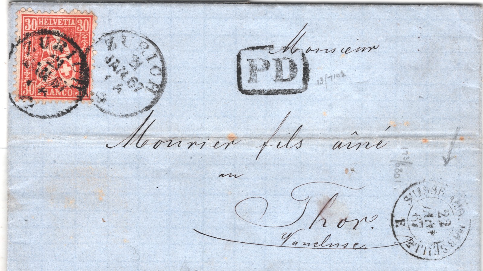 SWITZERLAND Cover RAILWAY TPO *SUISSE AMB MARSEILLE* Zurich EL France 1867 XV151