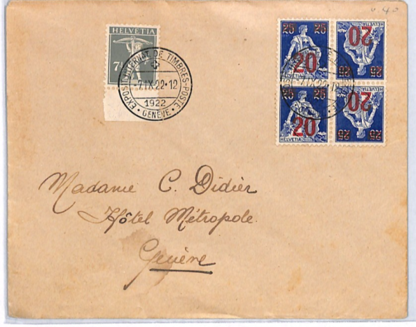 SWITZERLAND Cover TELL 20c Surcharge *TETE-BECHE* PAIRS BLOCK{4} 1922 CDS YQ382 - Image 3