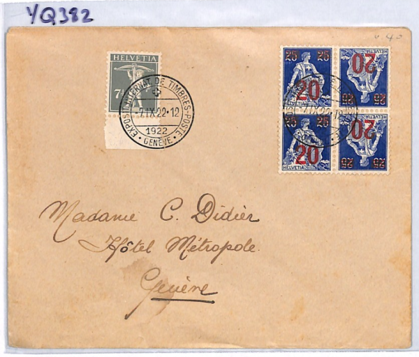 SWITZERLAND Cover TELL 20c Surcharge *TETE-BECHE* PAIRS BLOCK{4} 1922 CDS YQ382 - Image 9