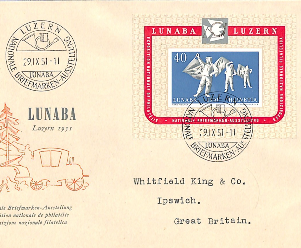 SWITZERLAND FDC 1951 LUNABA Philatelic Exhibition Miniature Sheet Lucerne XM125 - Image 3
