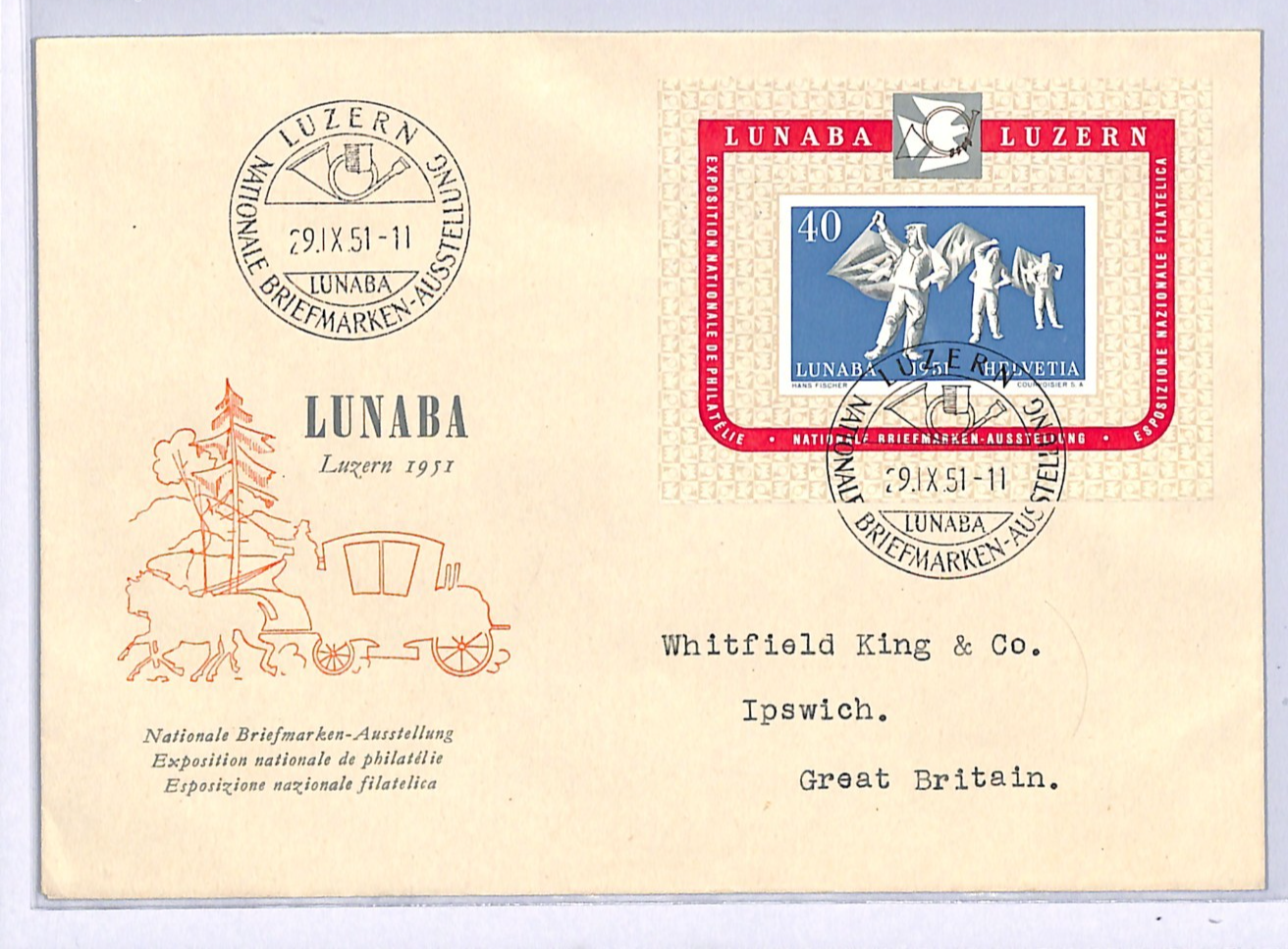 SWITZERLAND FDC 1951 LUNABA Philatelic Exhibition Miniature Sheet Lucerne XM125