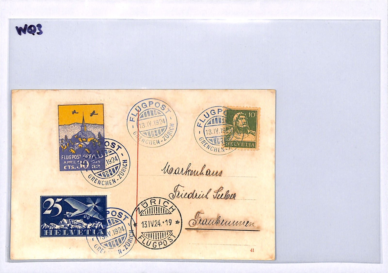 SWITZERLAND Flight Card 1924 *FLUPOST GRENCHEN* 30c Semi-Official Air Stamp WQ3 - Image 11