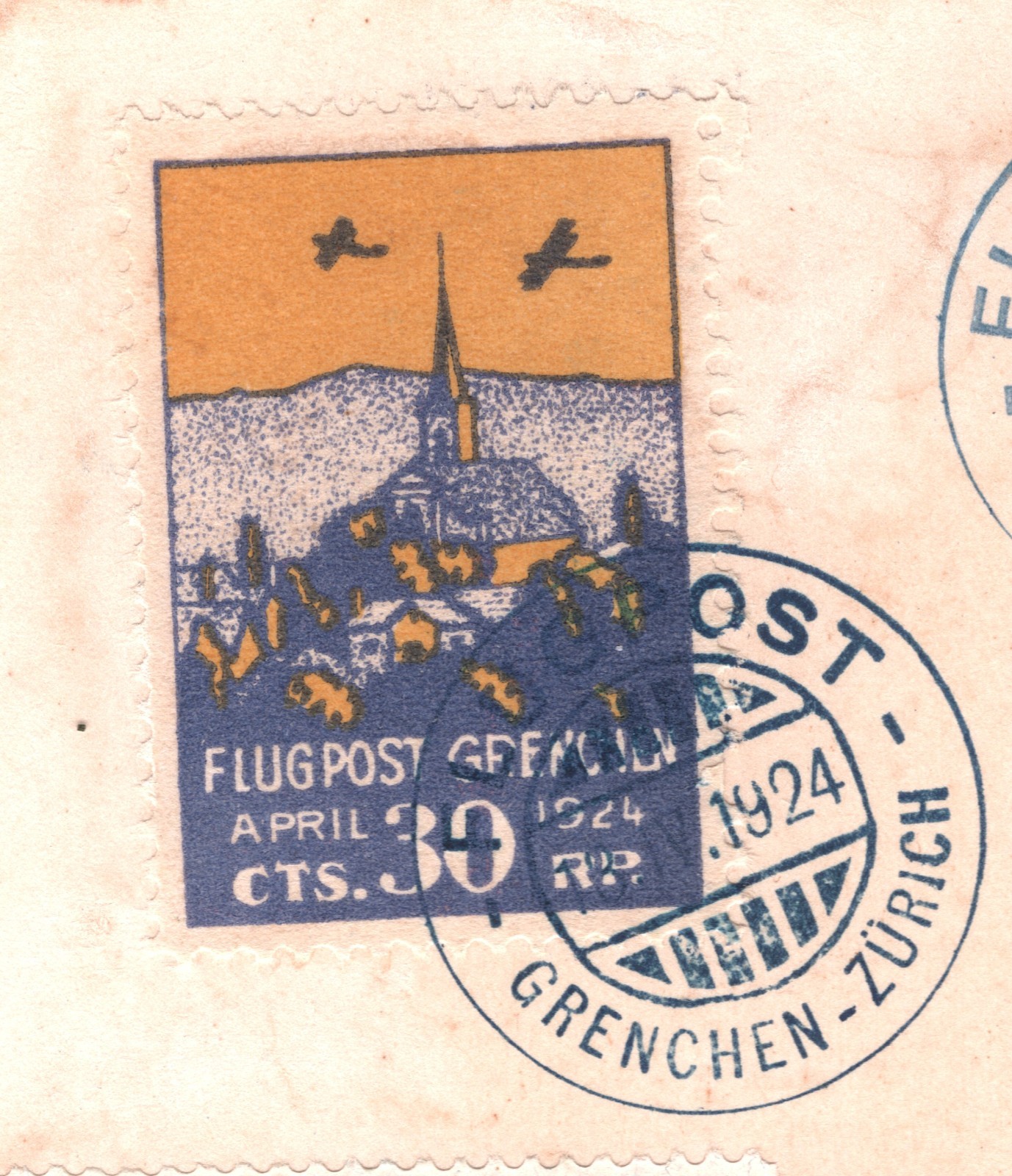 SWITZERLAND Flight Card 1924 *FLUPOST GRENCHEN* 30c Semi-Official Air Stamp WQ3