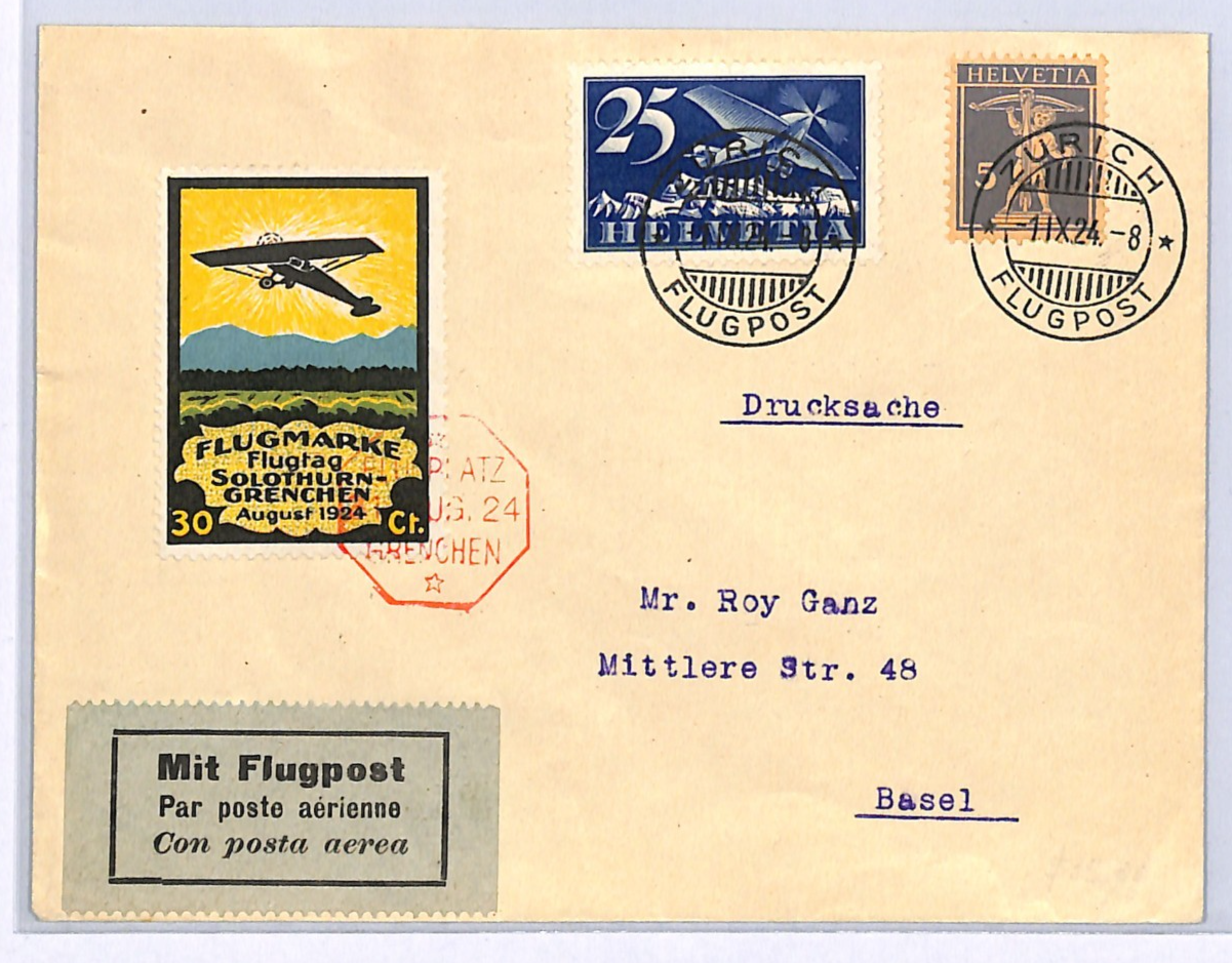 SWITZERLAND Flight Cover 1924 SOLOTHURN-GRENCHEN 30c Semi-Official Air Stamp WQ2 - Image 3