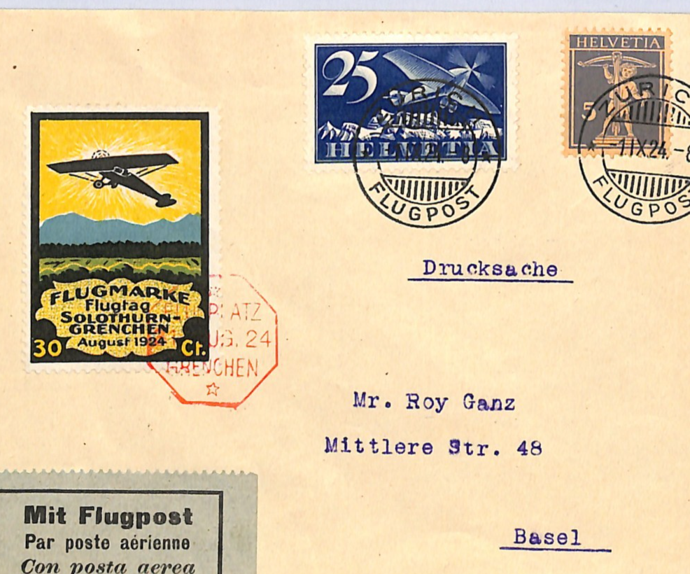 SWITZERLAND Flight Cover 1924 SOLOTHURN-GRENCHEN 30c Semi-Official Air Stamp WQ2 - Image 6
