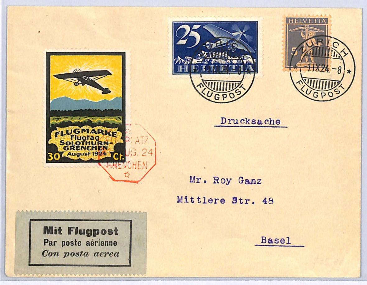 SWITZERLAND Flight Cover 1924 SOLOTHURN-GRENCHEN 30c Semi-Official Air Stamp WQ2 - Image 7