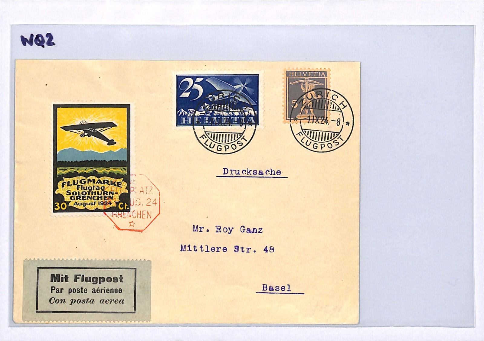 SWITZERLAND Flight Cover 1924 SOLOTHURN-GRENCHEN 30c Semi-Official Air Stamp WQ2 - Image 10