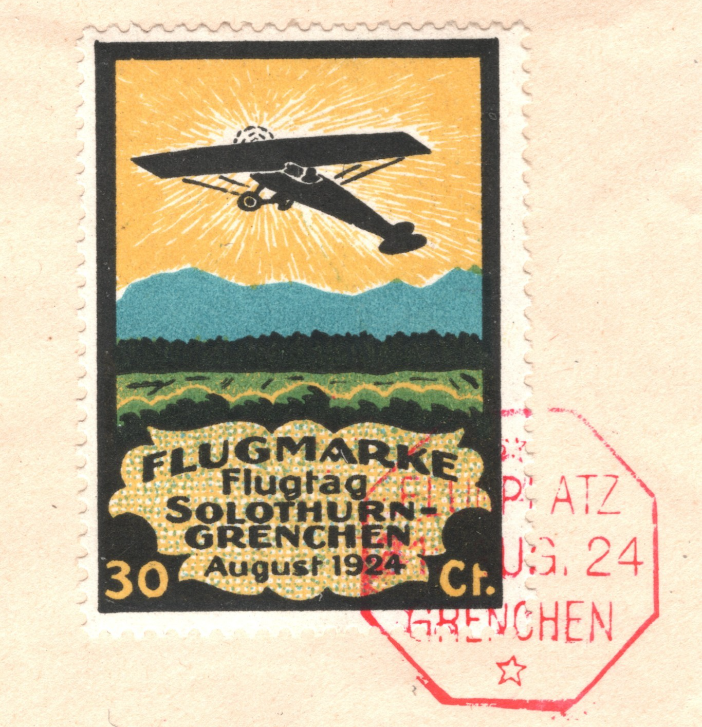 SWITZERLAND Flight Cover 1924 SOLOTHURN-GRENCHEN 30c Semi-Official Air Stamp WQ2