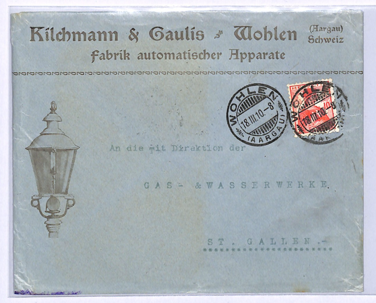 SWITZERLAND Illustrated Advert Cover LAMP Wohlen St Gallen 1910{samwells}WG347