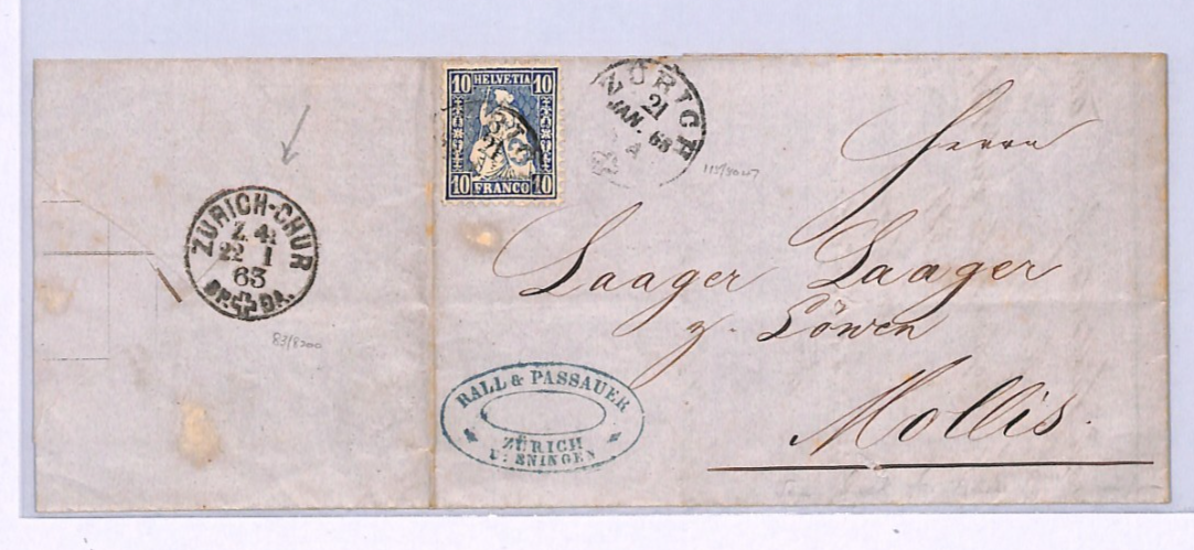 SWITZERLAND RAILWAY 1863 Early TPO *ZURICH-CHUR Z41* Cover HELVETIA Mollis XV179 - Image 3