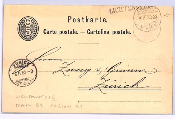 SWITZERLAND RAILWAY Card *AMBULANT #57 (TRAIN) 32* TPO 1882 Lichtensteig XV135 - Image 7