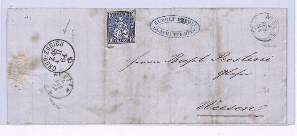 SWITZERLAND RAILWAY Cover 1864 *CHUR-ZURICH* (TRAIN) 48 TPO Weesen XV123 - Image 3
