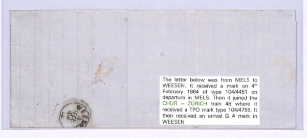 SWITZERLAND RAILWAY Cover 1864 *CHUR-ZURICH* (TRAIN) 48 TPO Weesen XV123 - Image 4