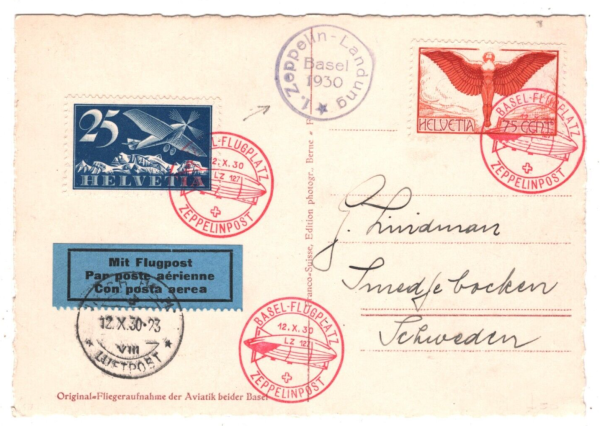 SWITZERLAND Treaty ZEPPELIN Air 1930 Card Basel *LANDUNG* Cachet SWEDEN MA2087 - Image 4