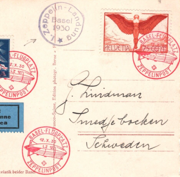 SWITZERLAND Treaty ZEPPELIN Air 1930 Card Basel *LANDUNG* Cachet SWEDEN MA2087