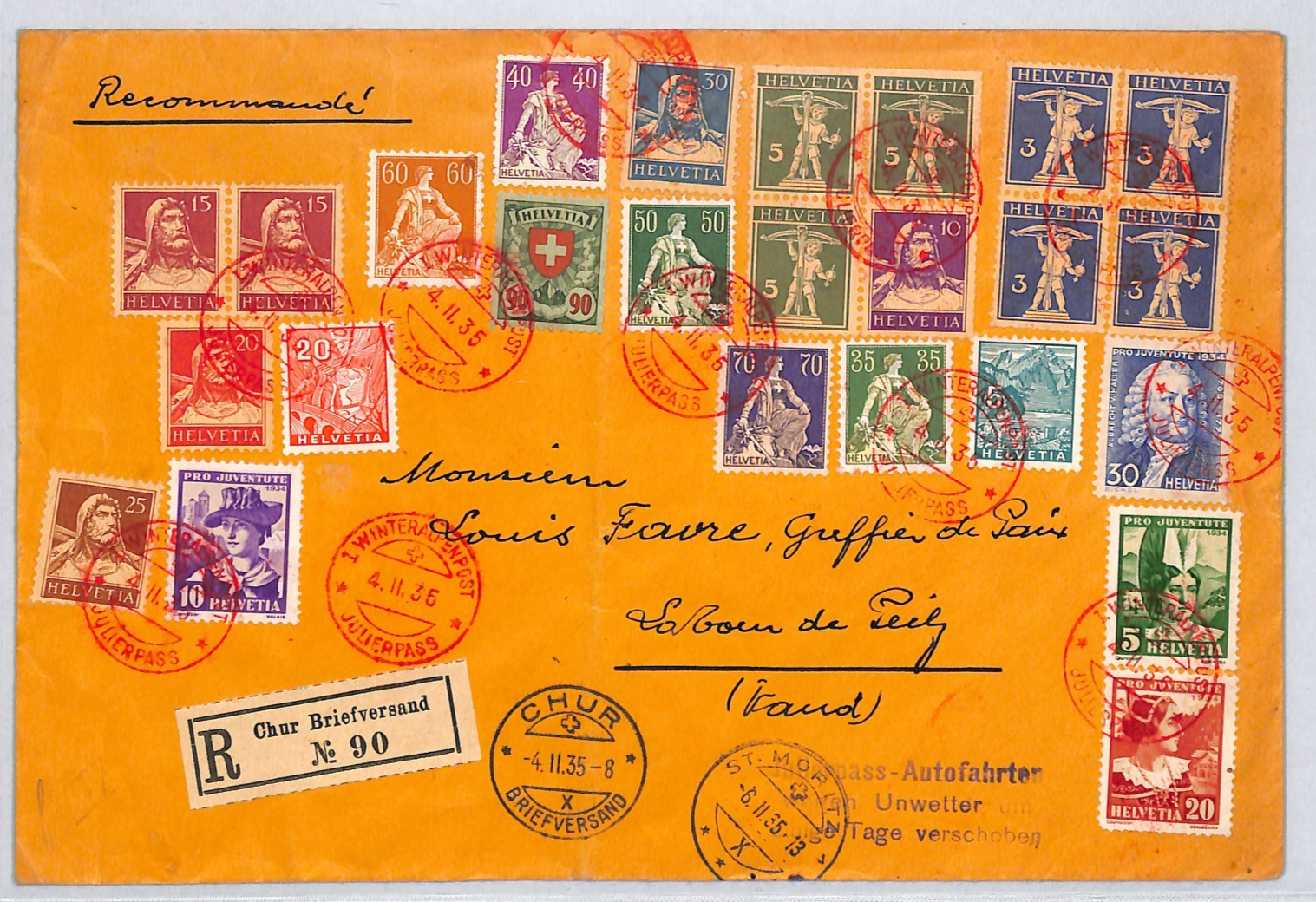 SWITZERLAND *WINTERALPENPOST* Red Julierpass CDS 1935 Cover Reg FRANKING!! VM109