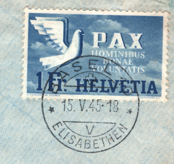 SWITZERLAND WW2 Censor Cover 1Fr *PAX* PEACE HIGH VALUE Basel 1945 Air USA XT233 - Image 3