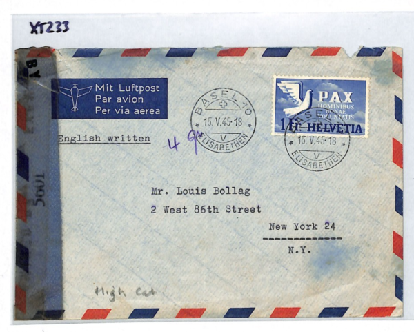 SWITZERLAND WW2 Censor Cover 1Fr *PAX* PEACE HIGH VALUE Basel 1945 Air USA XT233 - Image 6