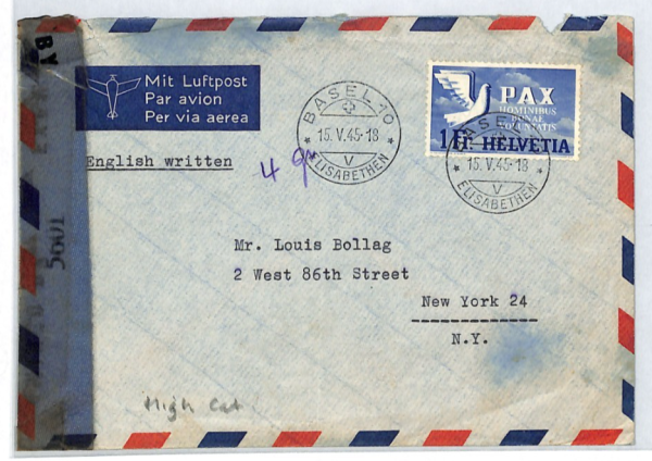 SWITZERLAND WW2 Censor Cover 1Fr *PAX* PEACE HIGH VALUE Basel 1945 Air USA XT233