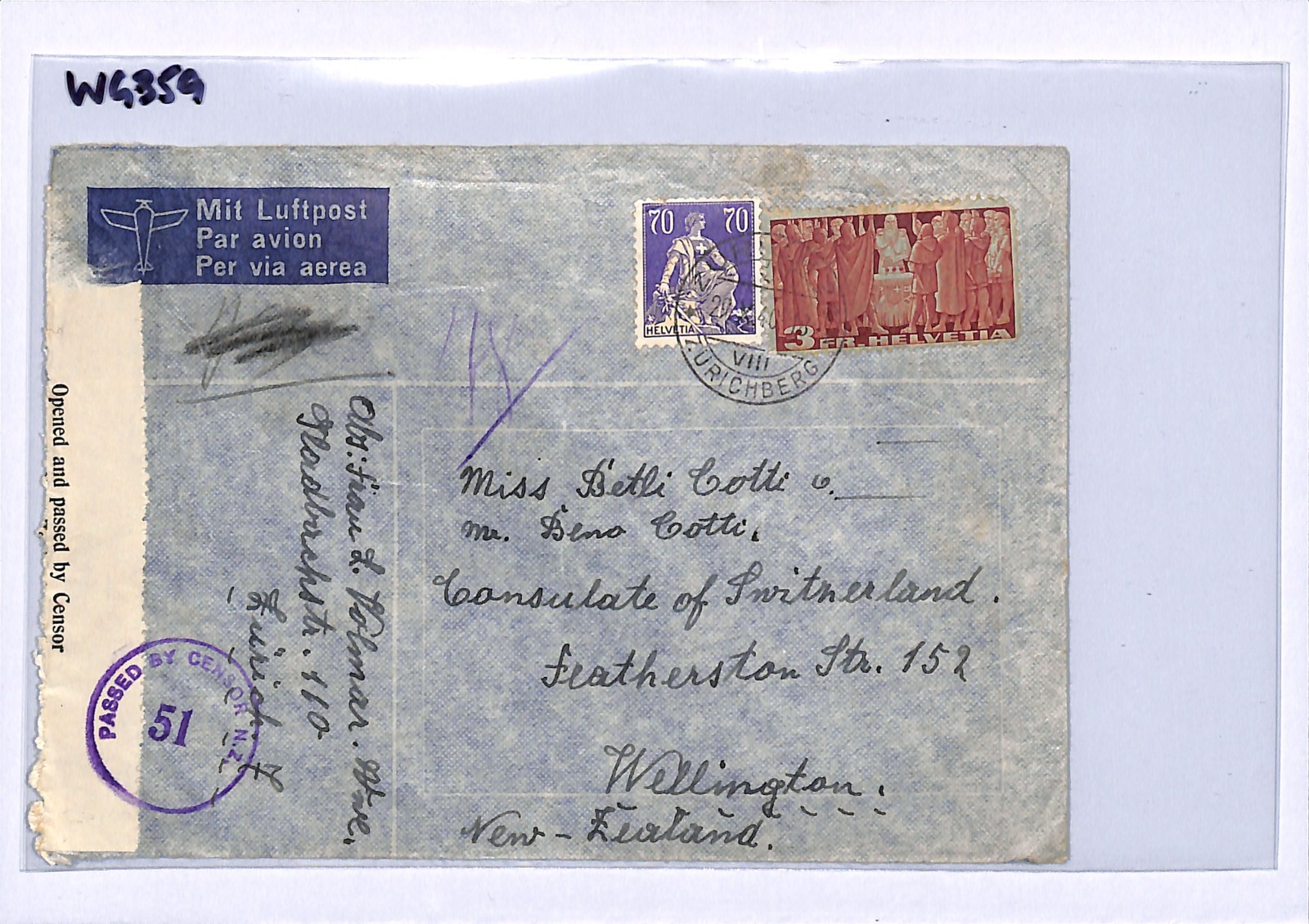 SWITZERLAND WW2 Cover 3f HIGH VALUE Zürich 1940 NEW ZEALAND *CENSOR* WG359 - Image 11