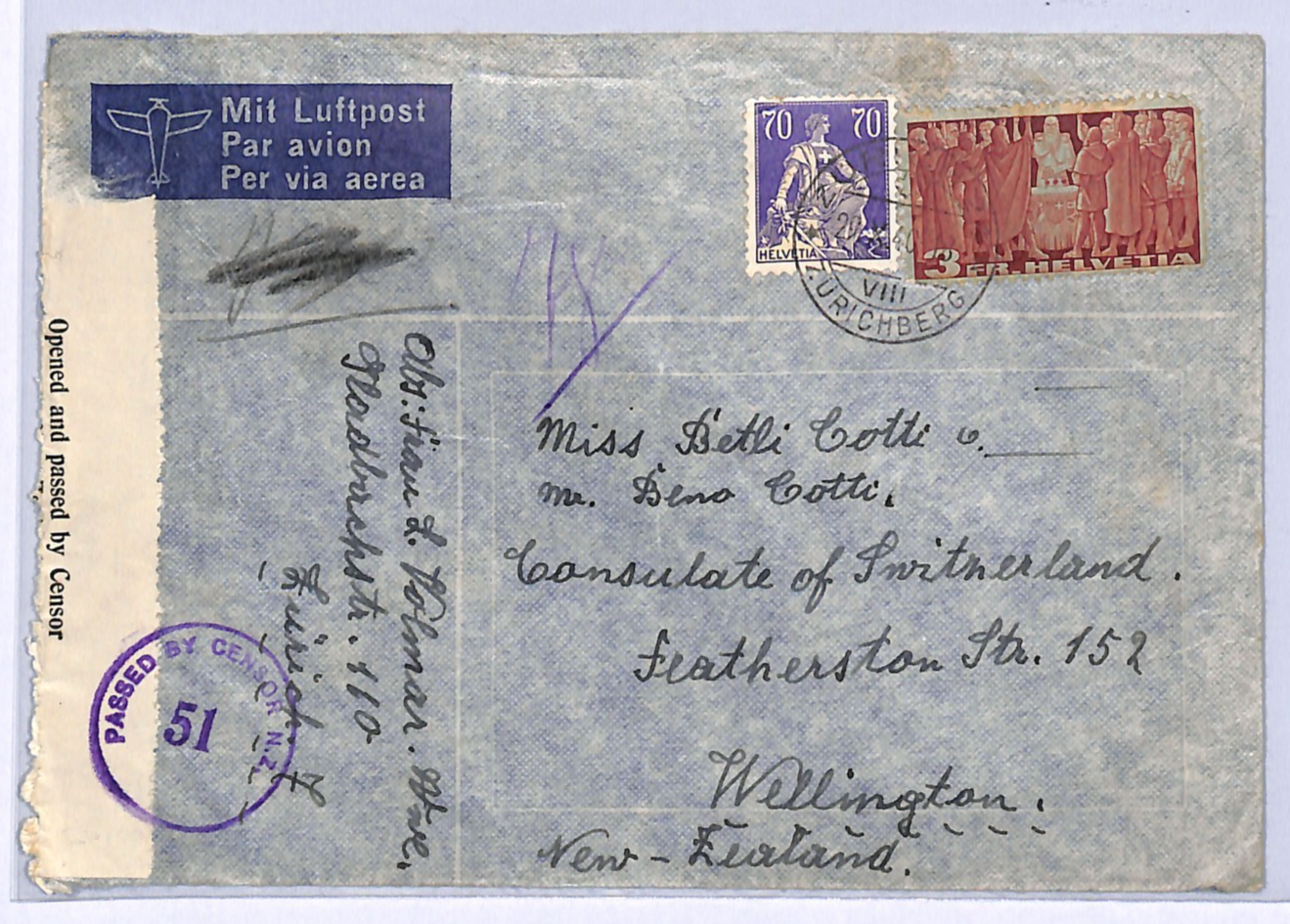 SWITZERLAND WW2 Cover 3f HIGH VALUE Zürich 1940 NEW ZEALAND *CENSOR* WG359 - Image 3