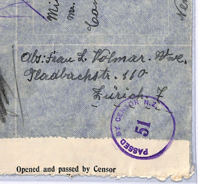 SWITZERLAND WW2 Cover 3f HIGH VALUE Zürich 1940 NEW ZEALAND *CENSOR* WG359 - Image 6