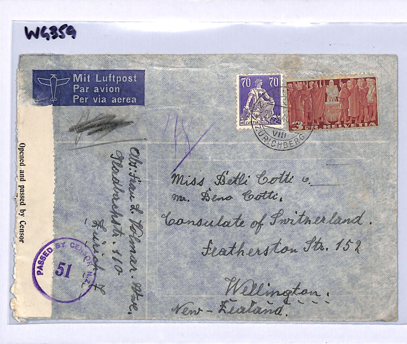 SWITZERLAND WW2 Cover 3f HIGH VALUE Zürich 1940 NEW ZEALAND *CENSOR* WG359 - Image 9