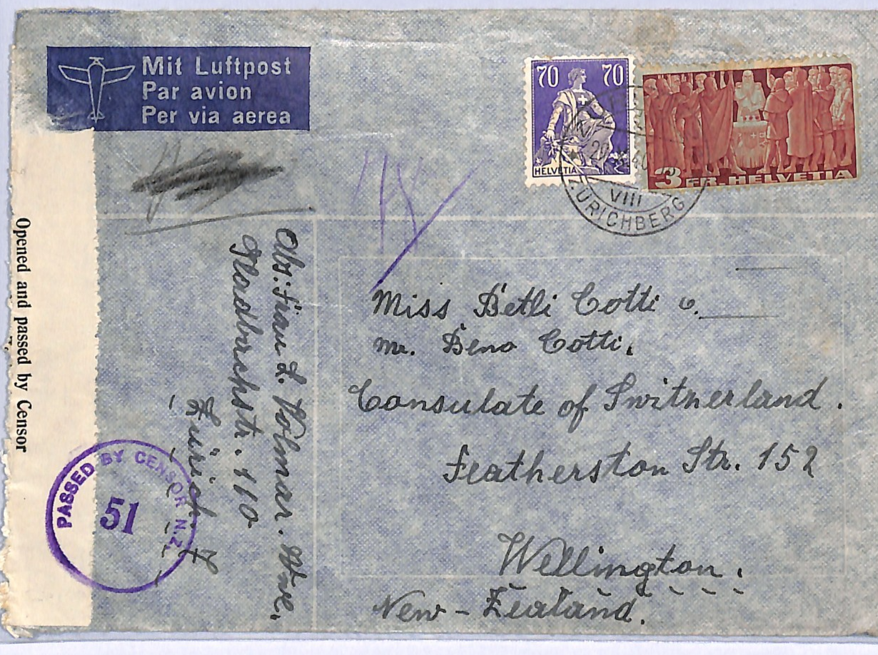 SWITZERLAND WW2 Cover 3f HIGH VALUE Zürich 1940 NEW ZEALAND *CENSOR* WG359