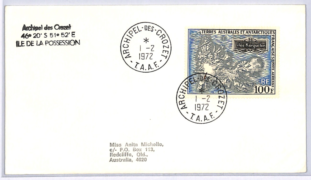 TAAF France Cols 100f First Day Cover 1972 Crozet FDC {samwells-covers}XS412