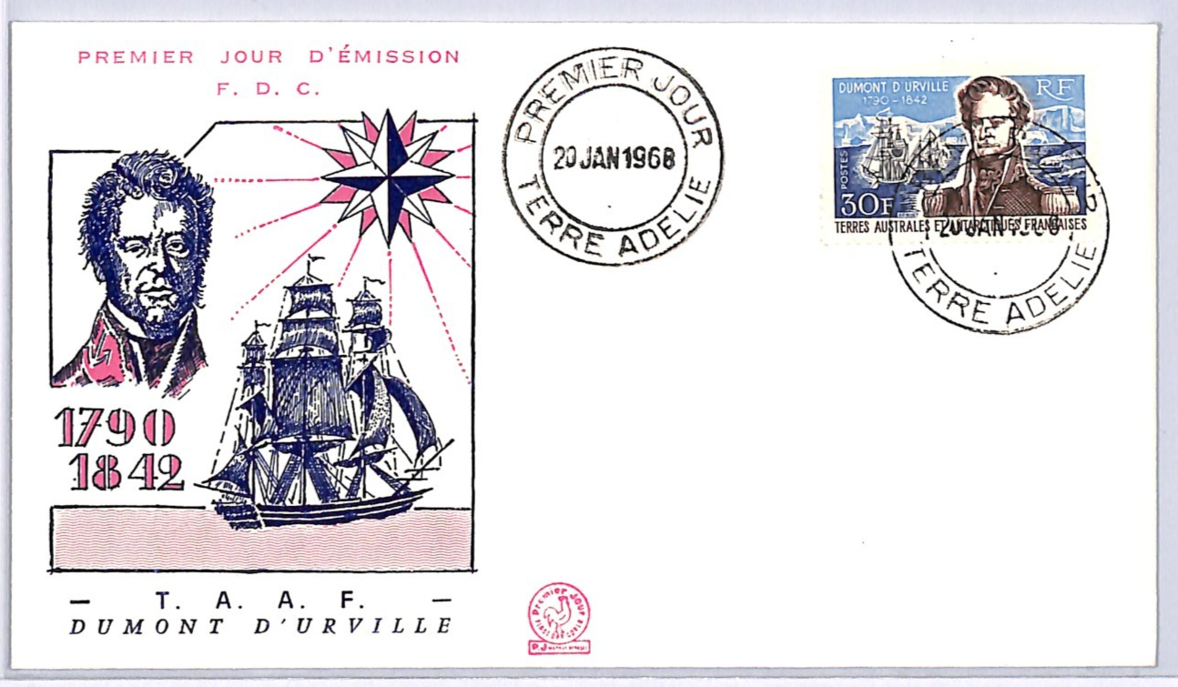 TAAF France Cols 1968 FDC Dumont D'Urville 30f ILLUSTRATED Polar SHIPS XS405