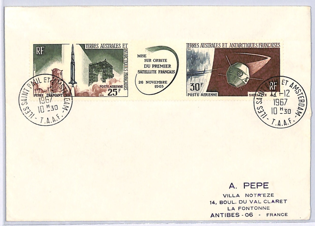 TAAF France Cols 25+30f FIRST FRENCH SATELLITE (1966) *STRIP* St Paul 1967 XS396
