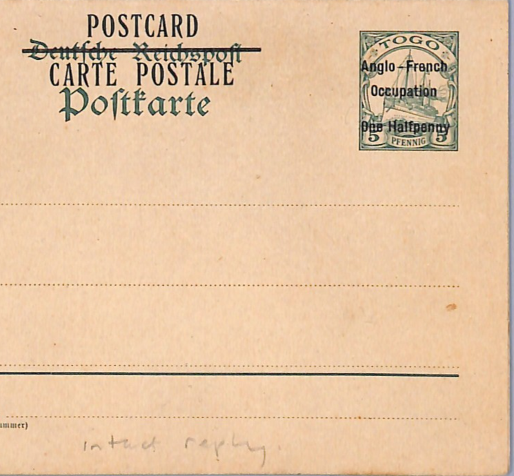 TOGO (Germany Cols) WW1 *OCCUPATION* Stationery Reply Card 5pf/½d YACHT Die WO29 - Image 3