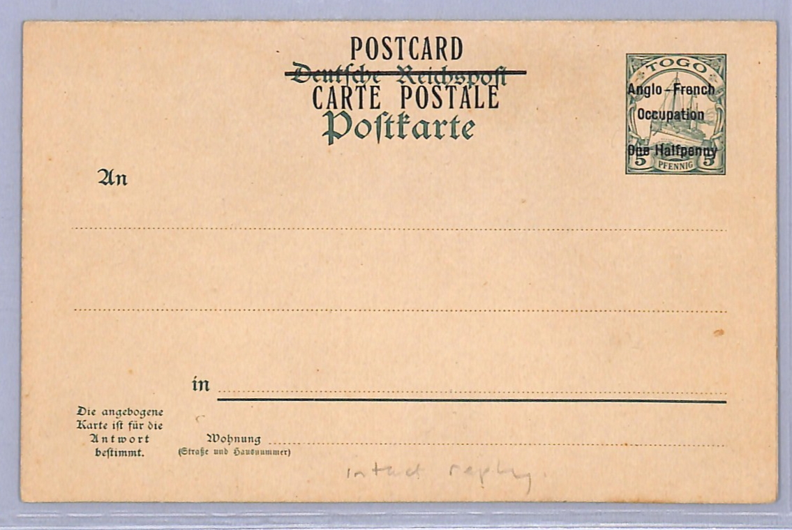 TOGO (Germany Cols) WW1 *OCCUPATION* Stationery Reply Card 5pf/½d YACHT Die WO29 - Image 4