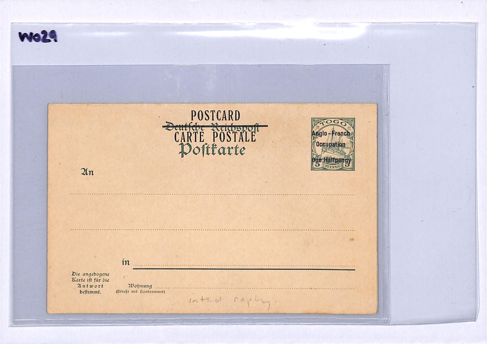 TOGO (Germany Cols) WW1 *OCCUPATION* Stationery Reply Card 5pf/½d YACHT Die WO29 - Image 7