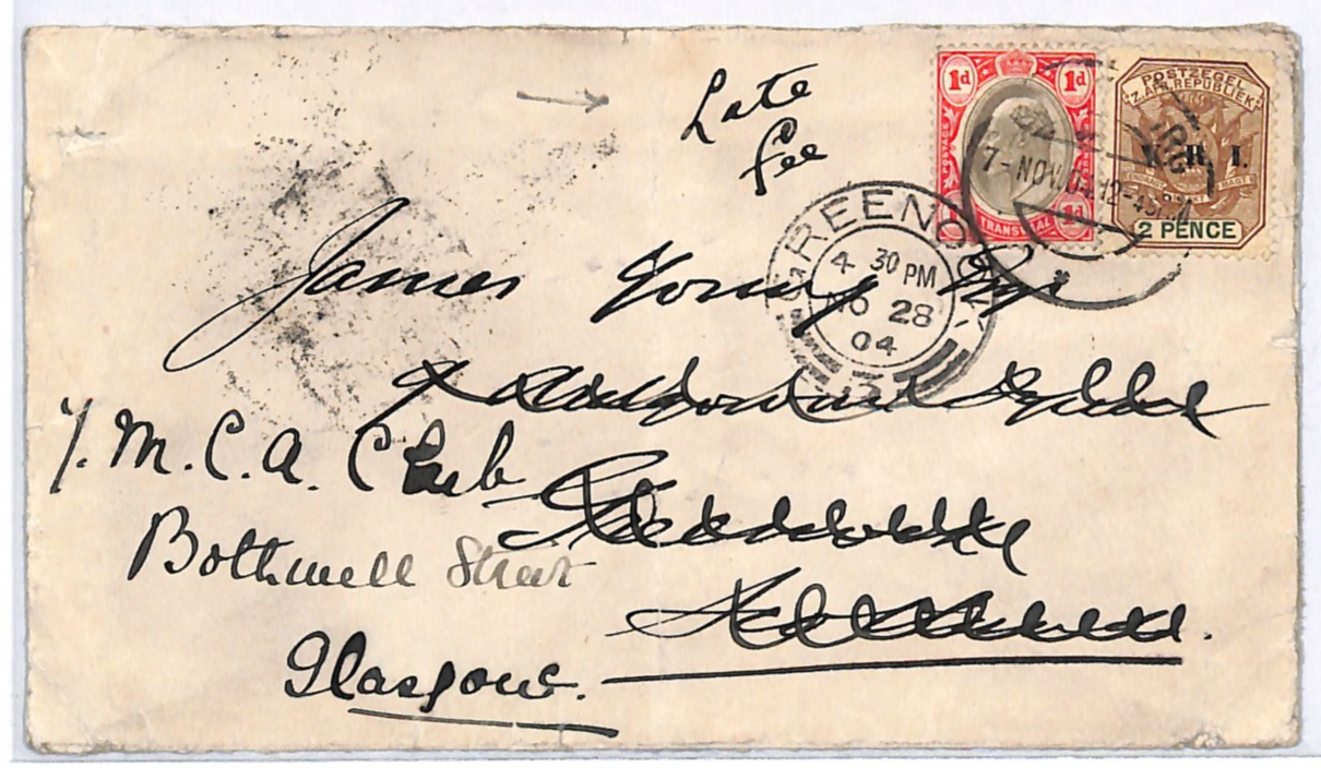 TRANSVAAL South Africa VRI Mixed Franking Cover *LATE FEE* 1904 Greenock WJ48 - Image 3