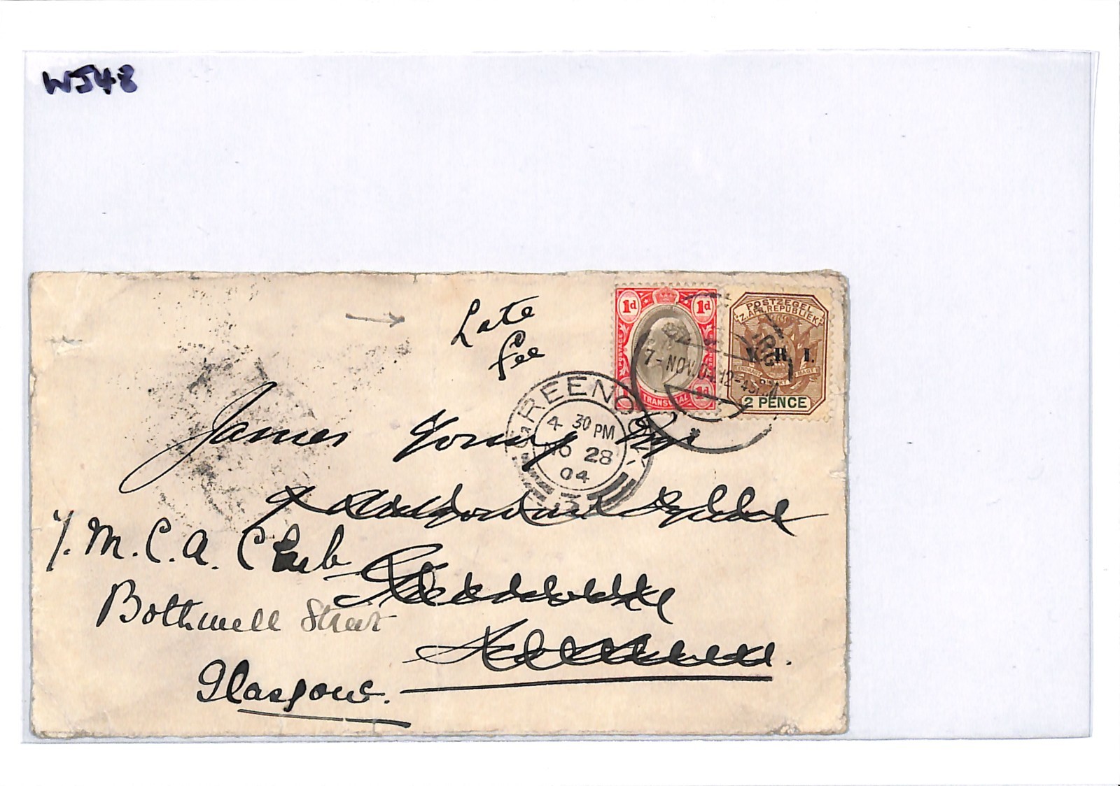 TRANSVAAL South Africa VRI Mixed Franking Cover *LATE FEE* 1904 Greenock WJ48 - Image 5