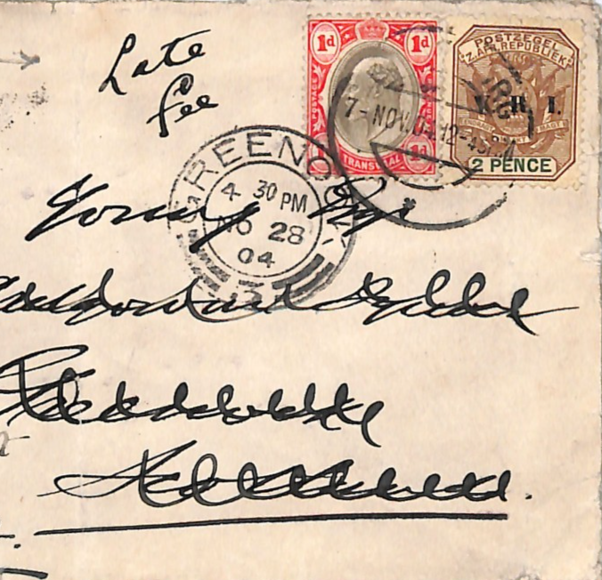 TRANSVAAL South Africa VRI Mixed Franking Cover *LATE FEE* 1904 Greenock WJ48