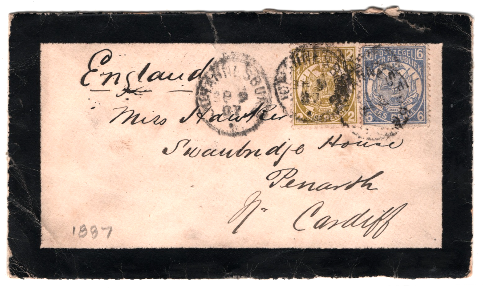 TRANSVAAL ZAR Mourning Cover 6d 2d Africa 8d Rate Jo'burg 1887 CDS Cardiff WD197 - Image 3