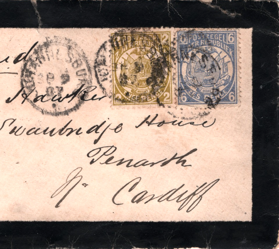 TRANSVAAL ZAR Mourning Cover 6d 2d Africa 8d Rate Jo'burg 1887 CDS Cardiff WD197